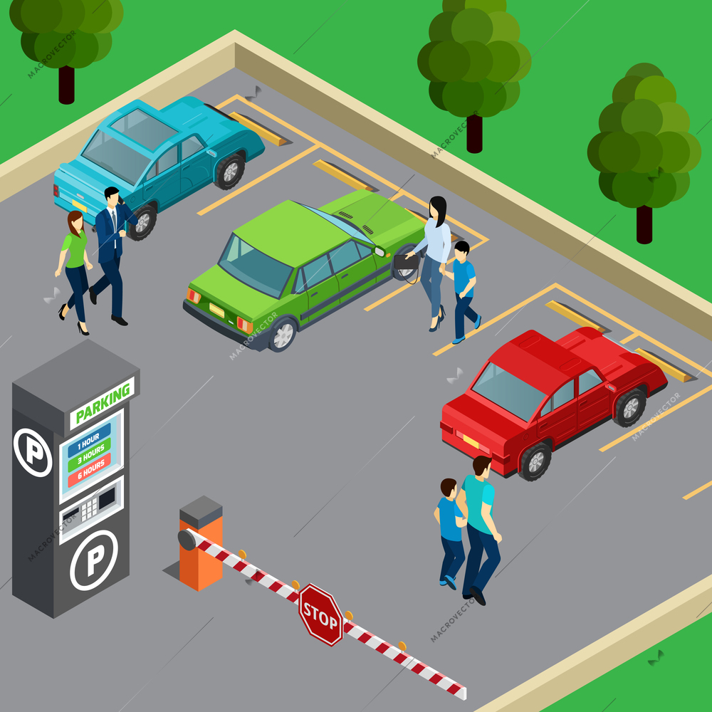 Vending machine on parking zone and people near their cars 3d isometric vector illustration