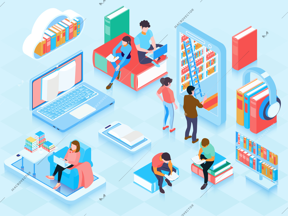 Online library isometric elements composition with people reading ebooks on laptop home cloud storage bookshelf vector illustration