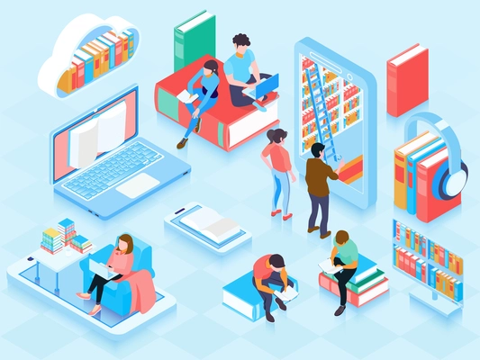 Online library isometric elements composition with people reading ebooks on laptop home cloud storage bookshelf vector illustration