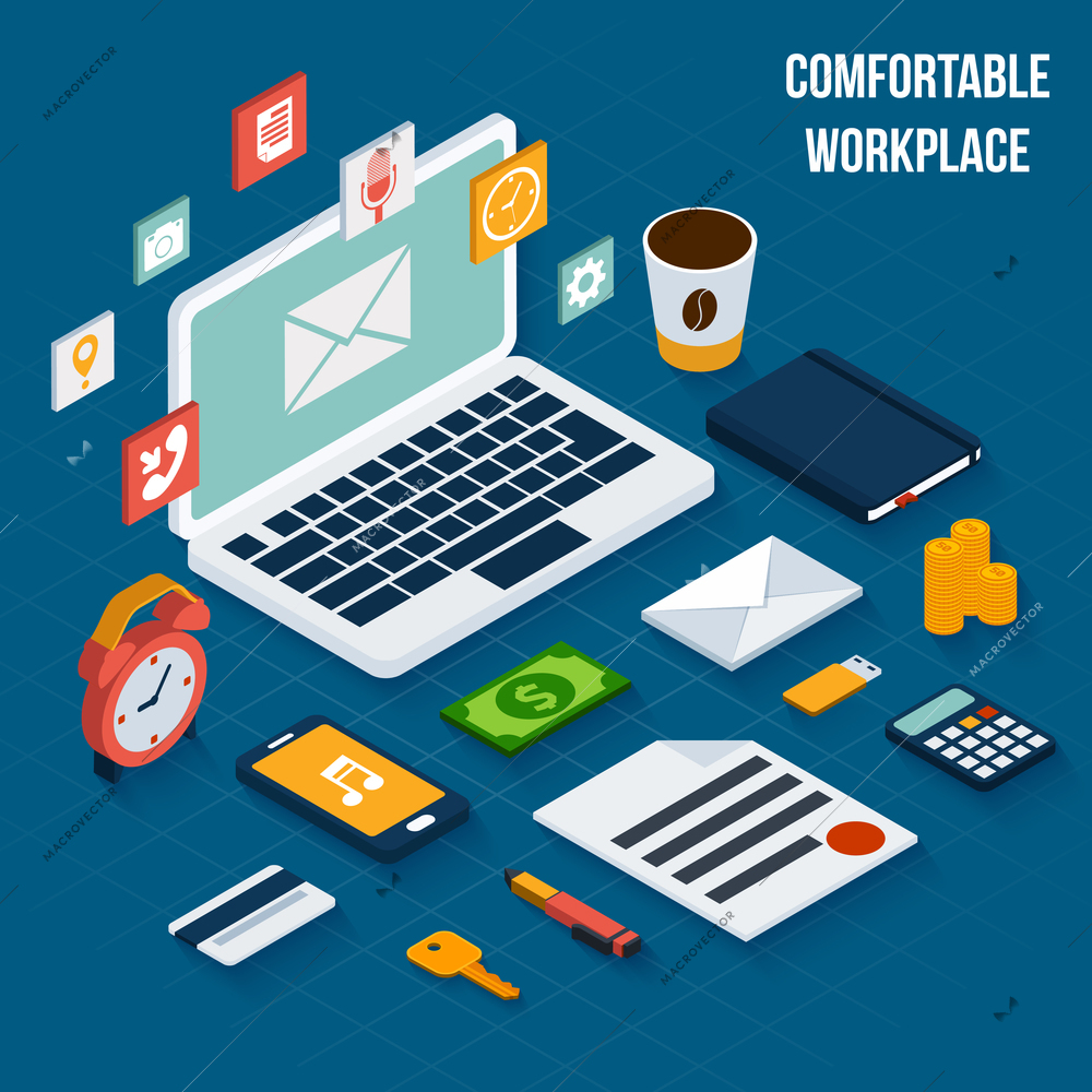 Workplace isometric elements set with notebook coffee cup document vector illustration