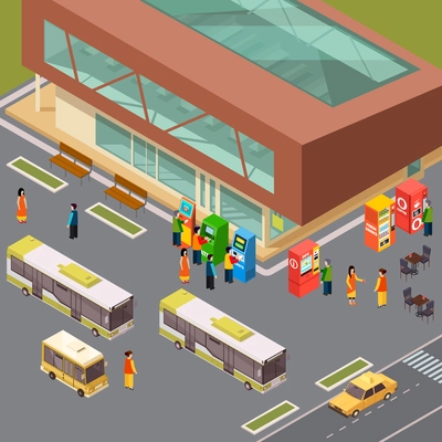 Atm vending and ticket machines at bus station and outdoor cafe 3d isometric vector illustration