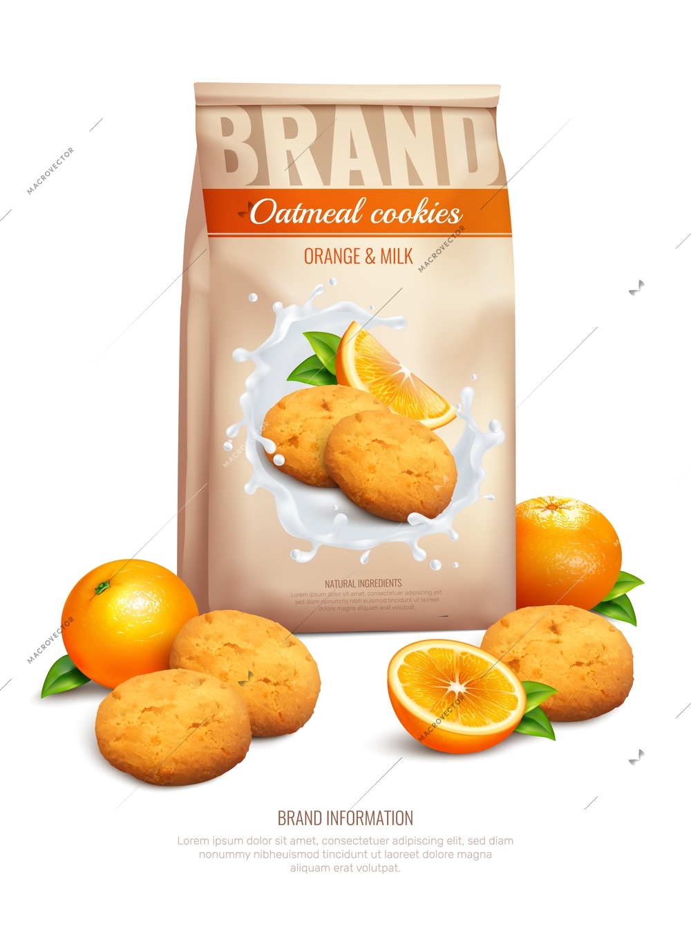 Cookies realistic composition with orange and milk taste symbols vector illustration