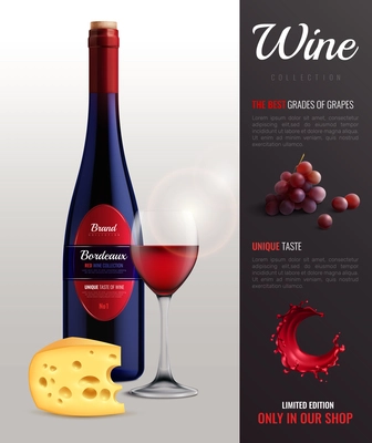 Wine realistic poster with grapes unique taste and cheese symbols vector illustration