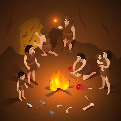 Primitive ancient people life isometric composition with roasting meat over fire and cave rock painting vector illustration