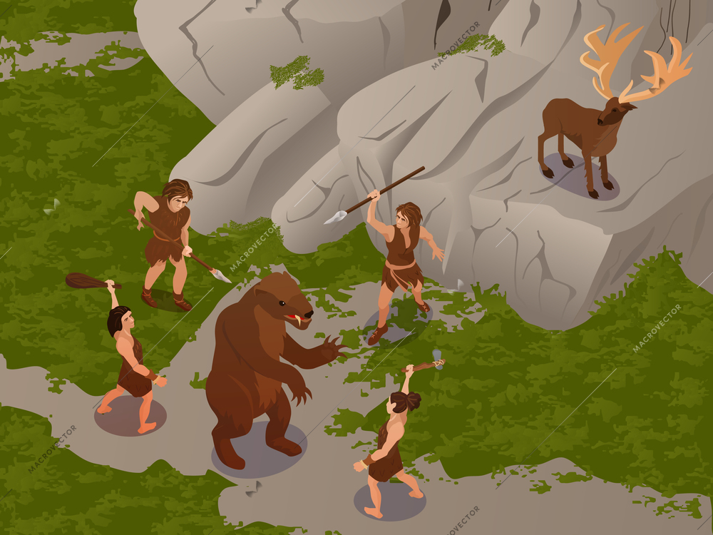 Ancient people using primitive hunting weapon to ambush and kill dinosaur and hert isometric composition vector illustration