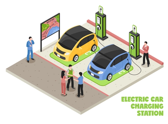 Electric car charging station isometric composition with employee and clients waiting for their cars be serviced vector illustration