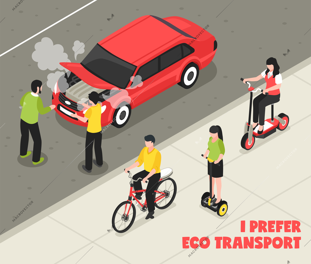 Eco transport isometric poster with people riding scooter bicycle segway past smoking machine vector illustration