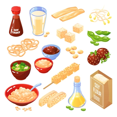 Soya products isolated icons set of cheese meatballs noodle flour milk oil sauce vector illustration