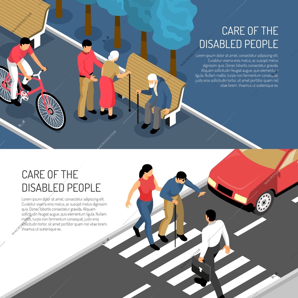 Disabled people isometric horizontal banners assistance to elderly and blind persons isolated vector illustration