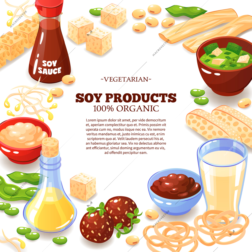 Colored background with decorative frame composed of soy products  and inside text information about vegetarian food  cartoon vector illustration