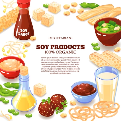 Colored background with decorative frame composed of soy products  and inside text information about vegetarian food  cartoon vector illustration