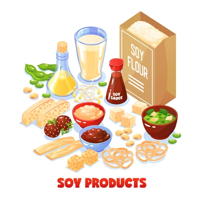 Soy products design concept set of package with soya flour and dishes from soybean cartoon vector illustration