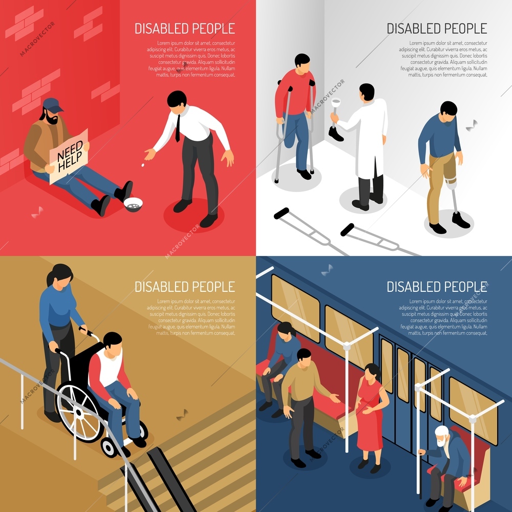 Disabled people in public transport person needing help artificial limbs isometric design concept isolated vector illustration