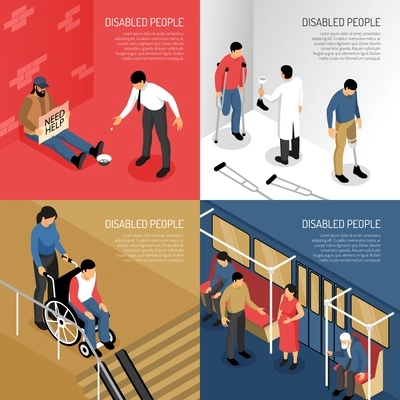 Disabled people in public transport person needing help artificial limbs isometric design concept isolated vector illustration