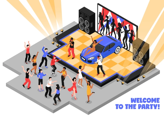 Welcome to the party isometric vector illustration with rappers performing rap music on stage and dancing teens