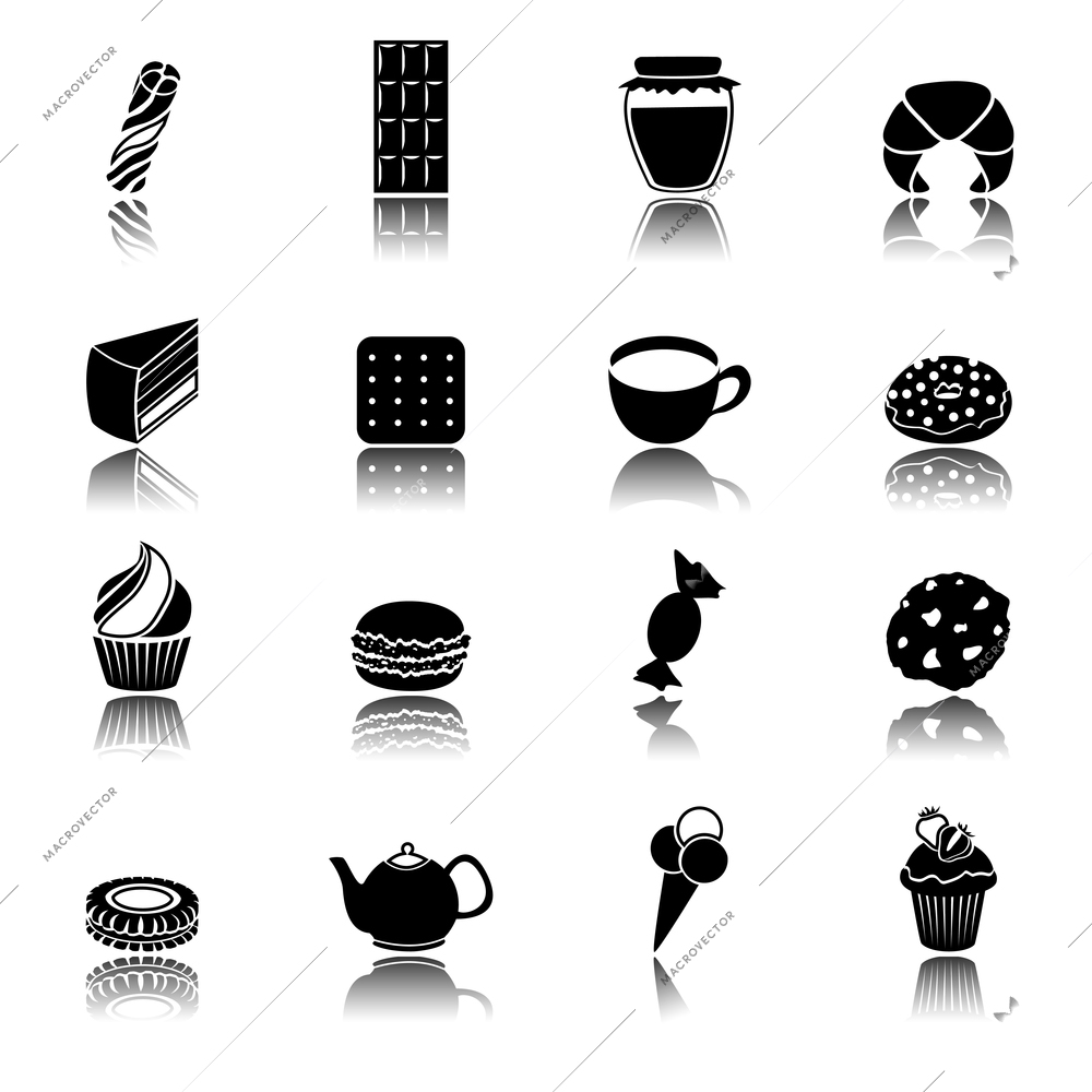 Pastry and sweets black icons set of cup cake ice cream donut isolated vector illustration