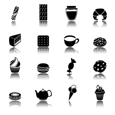 Pastry and sweets black icons set of cup cake ice cream donut isolated vector illustration