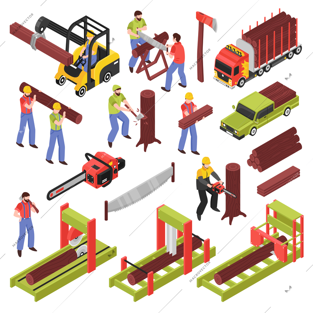 Lumberjack isometric icons set of workers sawing trees and logs with hand saw and  saw frame equipment isolated vector illustration