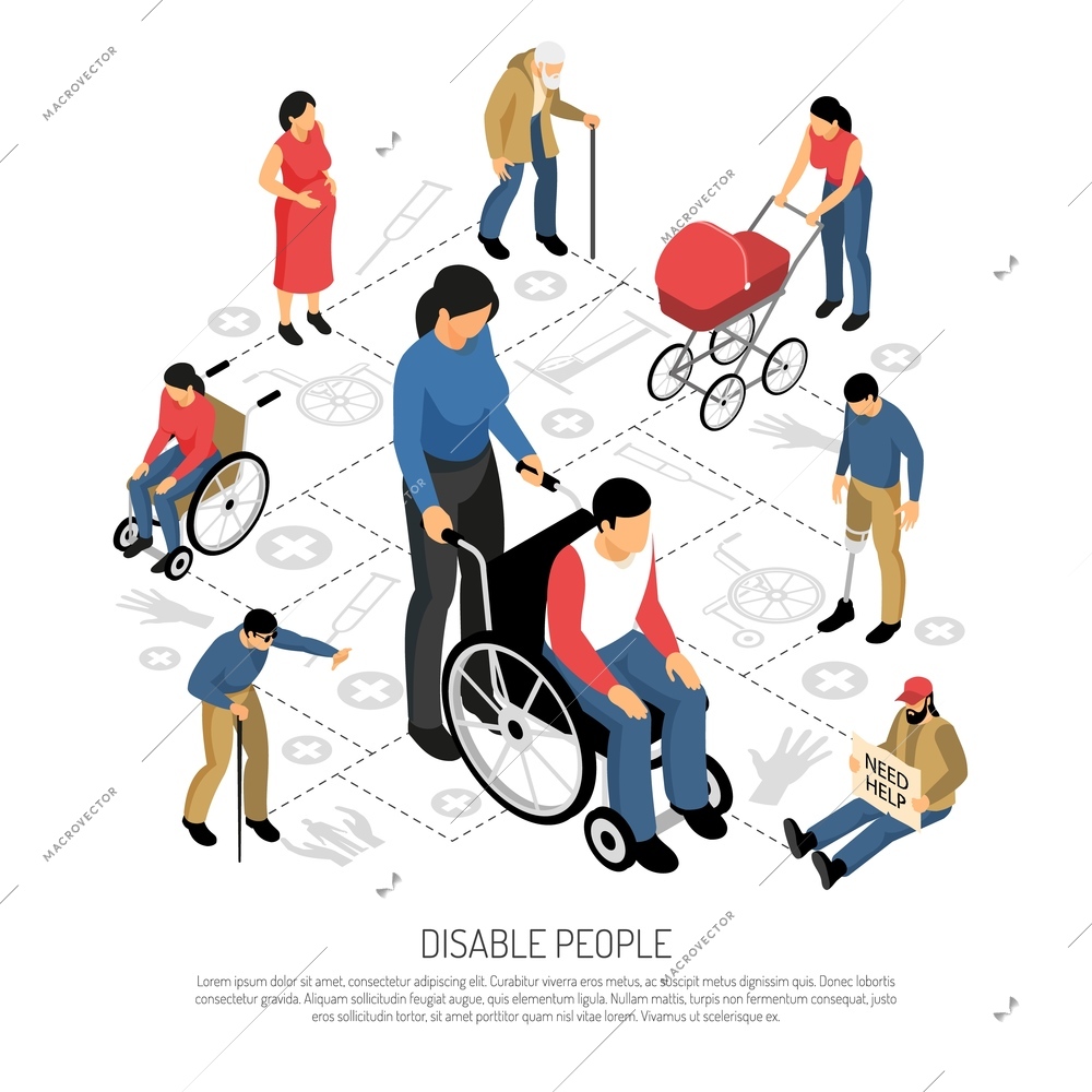 Disabled people isometric composition with pregnant woman persons in wheel chair retired and blind man vector illustration