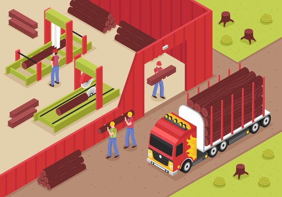 Sawmill isometric background with male workers unloading logs from truck for cutting and woodworking vector illustration