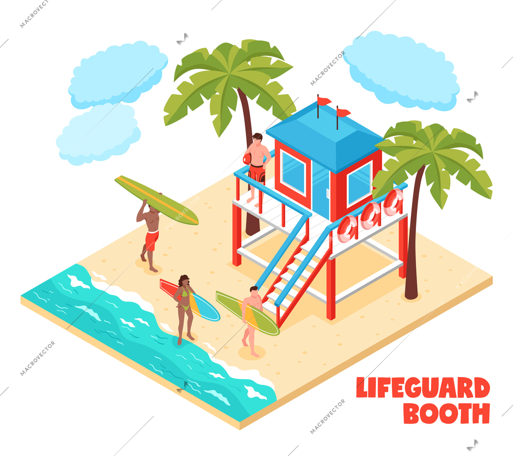 Lifeguard booth on south beach isometric composition with saver and surfers holding surfboards vector illustration