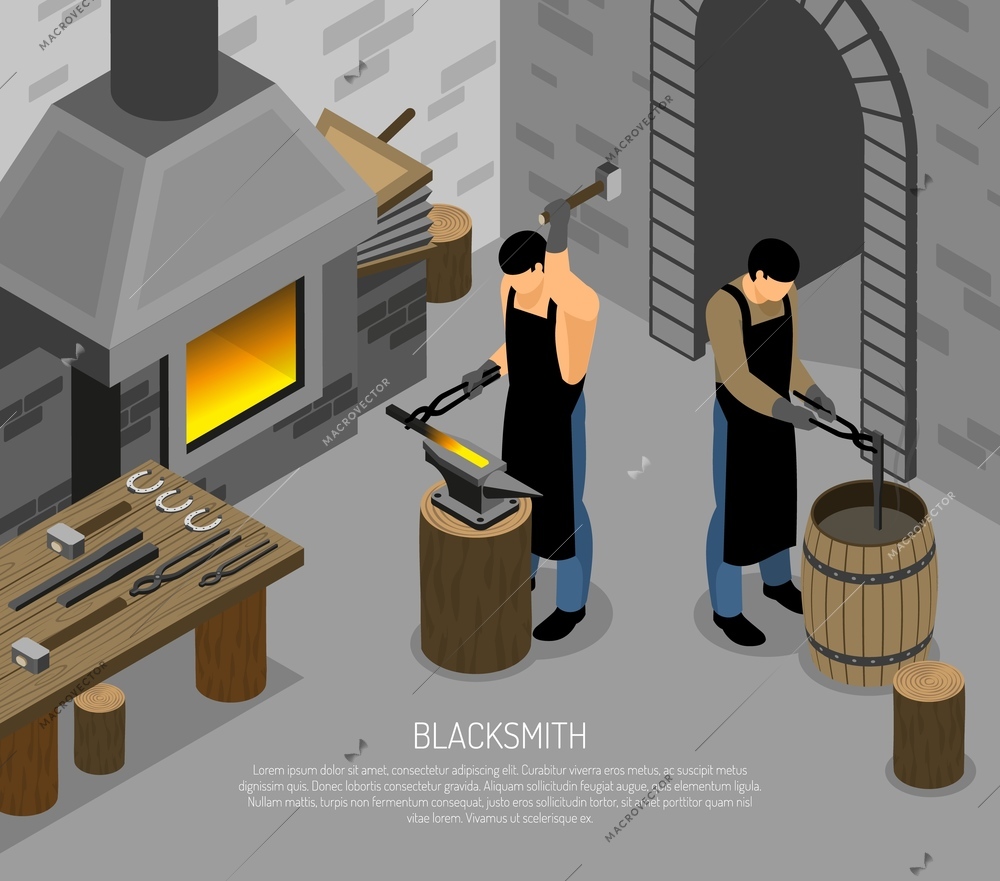 Blacksmith masters with professional instruments during work in forge isometric vector illustration