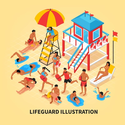 Beach lifeguards isometric vector illustration with female lifeguard watching through binoculars from lookout tower and savers performing artificial respiration