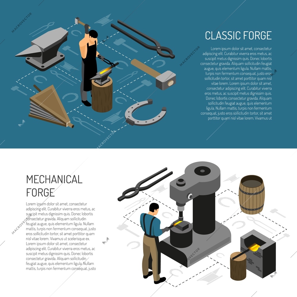 Blacksmith in classic and mechanical forge isometric horizontal banners on white and blue background isolated vector illustration