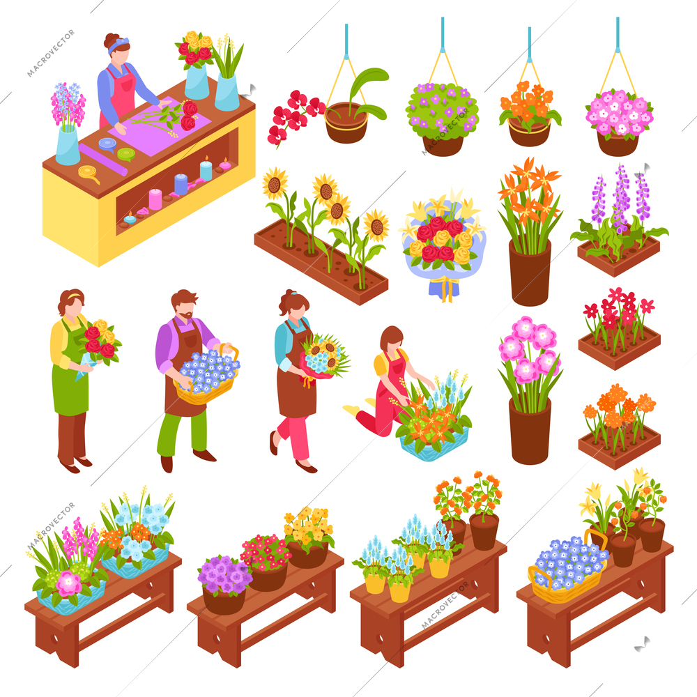 Florist isometric set of bouquets of flowers in pots and vases for flower shop with employee and seller isolated vector illustration