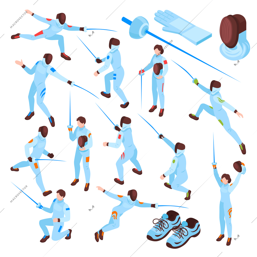 Fencing sport isometric set of male and female fencers with swords in different positions isolated vector illustration