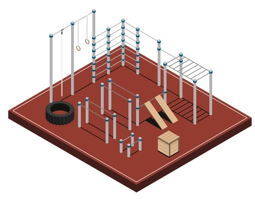 Sports ground with metal wooden and rubber workout equipment on brown covering isometric vector illustration