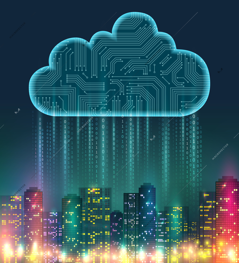 Cloud storage realistic composition with digital elements and bright lights on the city vector illustration