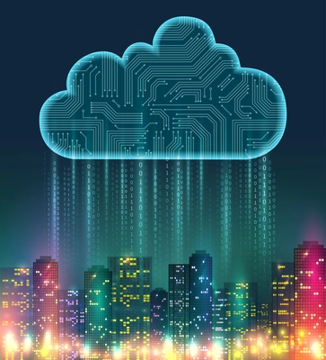 Cloud storage realistic composition with digital elements and bright lights on the city vector illustration