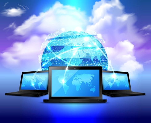 Cloud storage realistic concept with abstract digital globe and three laptop around vector illustration