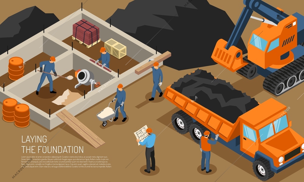 Isometric builder architect horizontal composition with view of construction site at early phase with editable text vector illustration