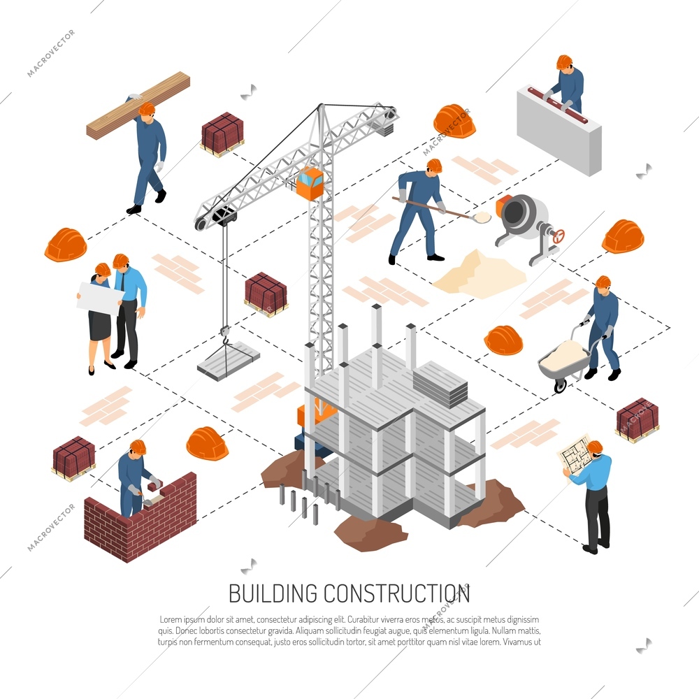 Isometric builder architect composition with isolated human characters and elements of building connected with dashed lines vector illustration