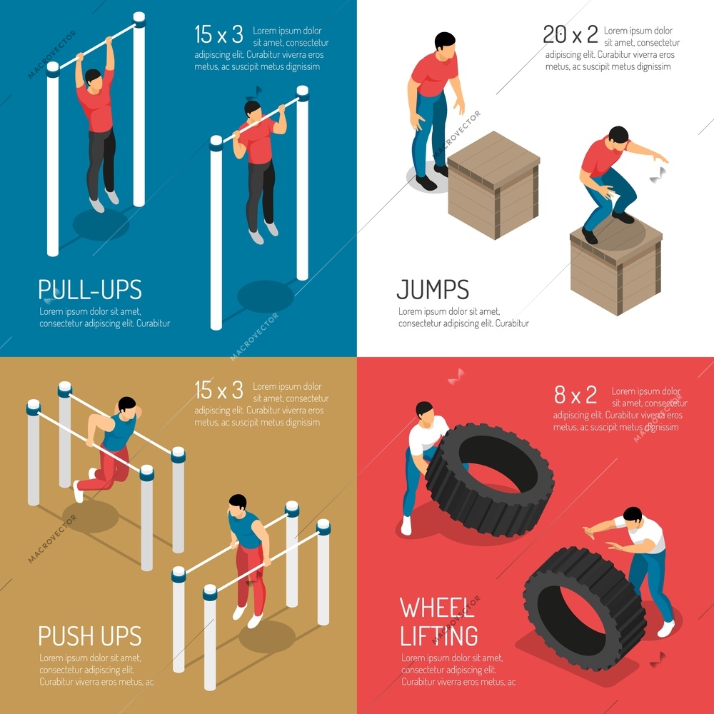 Workout at sports street equipment jumps and wheel lifting isometric design concept isolated vector illustration