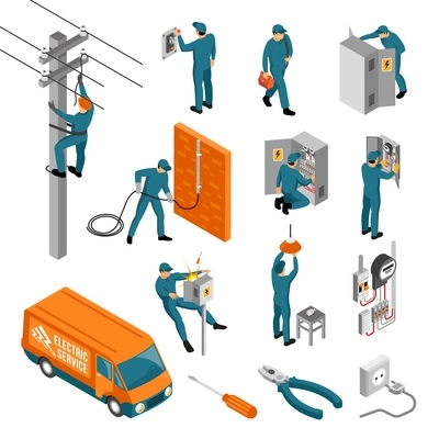 Isometric electrician profession set of isolated icons with tools electrical facilities and human characters of workers vector illustration