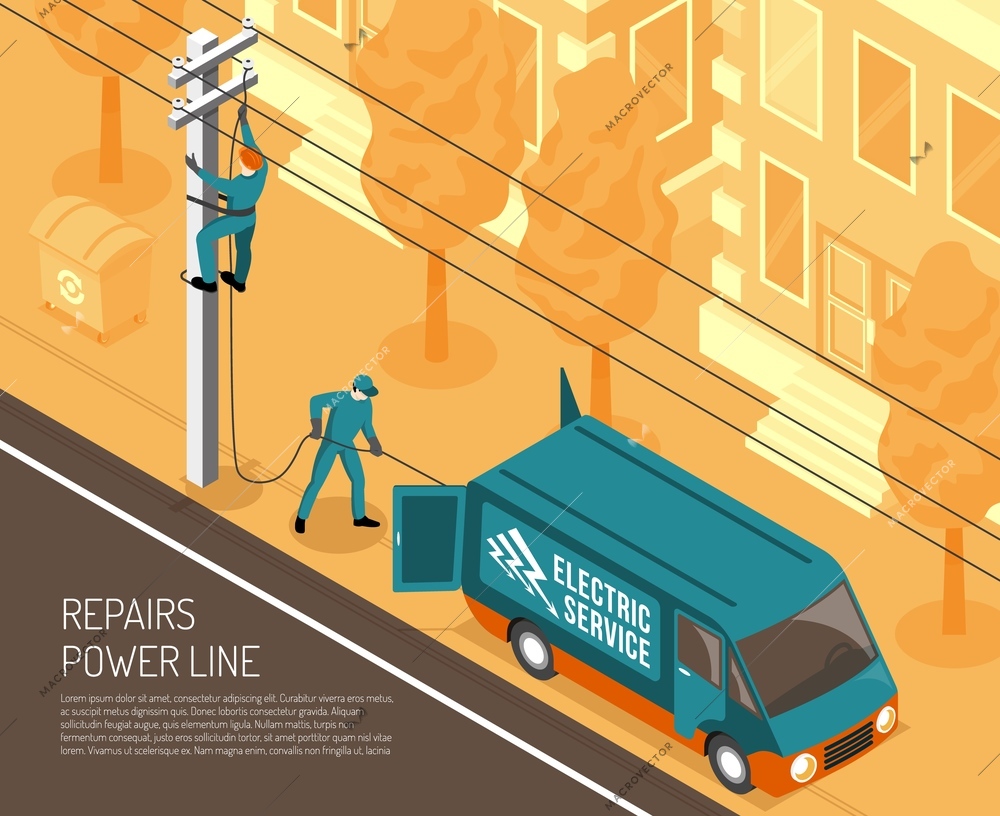 Isometric electrician background with view of city street and power line being repaired by two linemen vector illustration