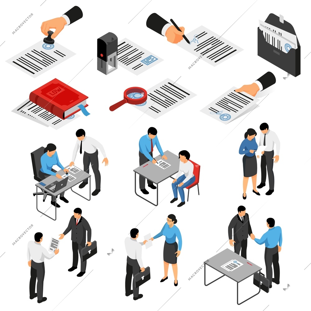 Set of isometric icons with notary and customers during work documents and accessories isolated vector illustration