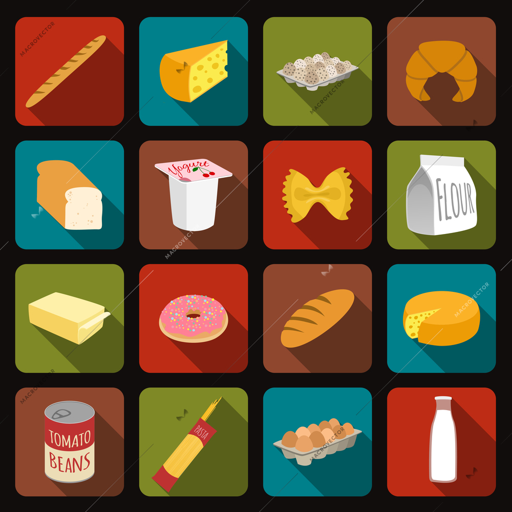 Food icons set of bread milk bottle egg box flour pack isolated vector illustration