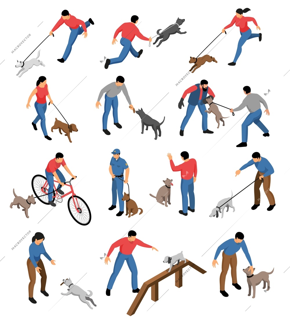 Isometric cynologist set of isolated icons and images of dogs and people during education training routine vector illustration