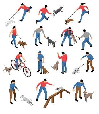 Isometric cynologist set of isolated icons and images of dogs and people during education training routine vector illustration