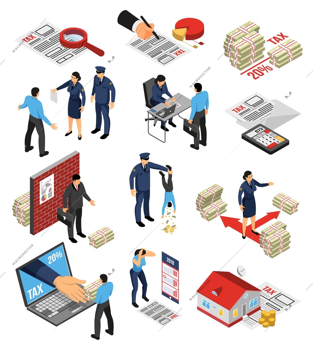 Isometric tax inspector auditor set with isolated icons and images of tax remission payments and dodging vector illustration