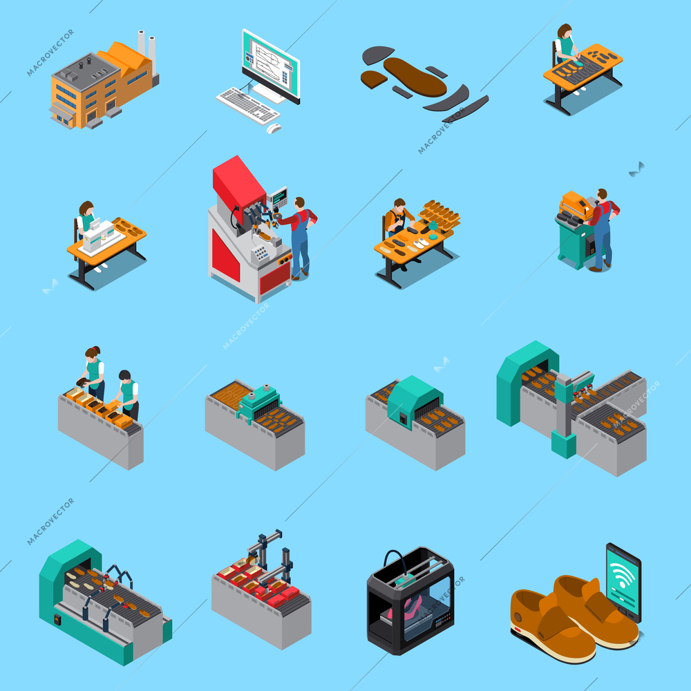 Footwear factory isometric icons set with shoes production symbols isolated vector illustration