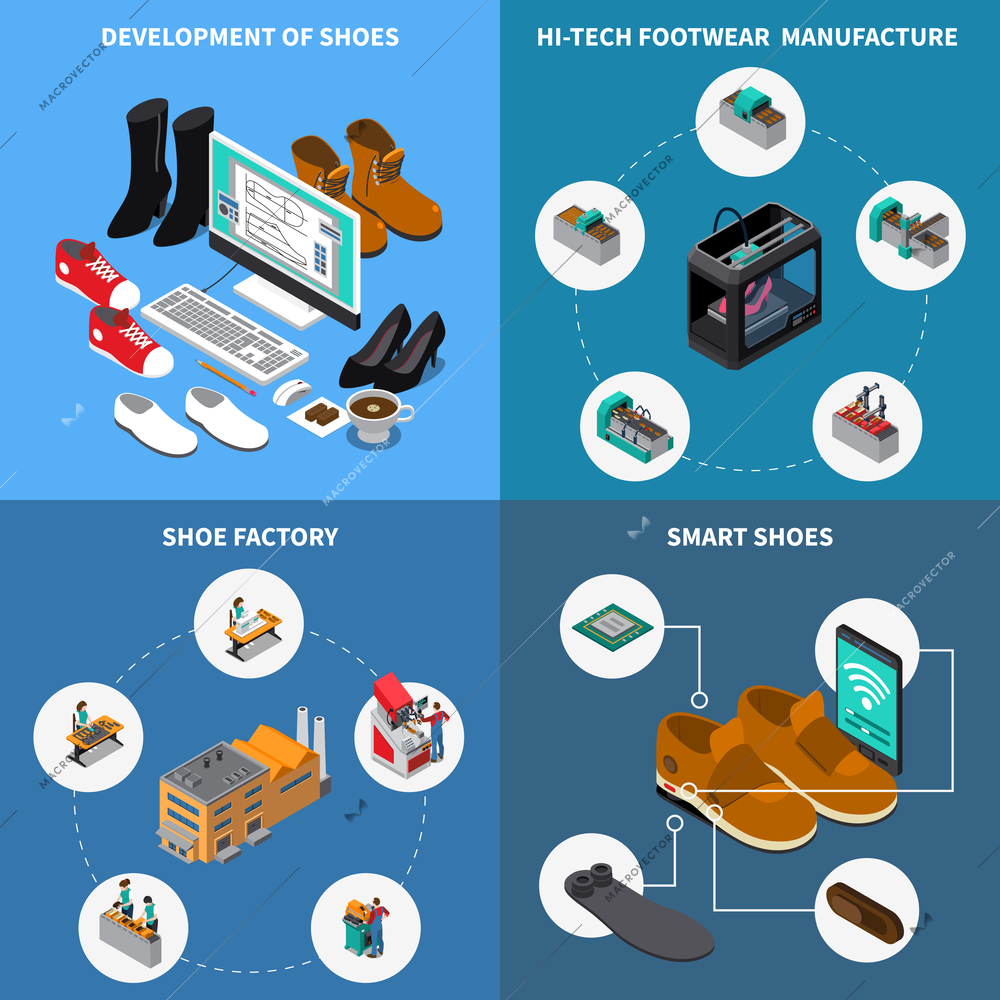 Footwear factory isometric concept icons set with smart shoes symbols isolated vector illustration