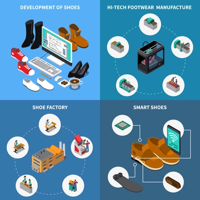 Footwear factory isometric concept icons set with smart shoes symbols isolated vector illustration