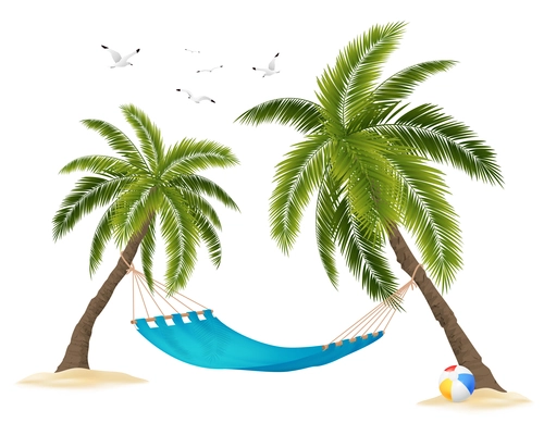 Realistic empty hammock between palm trees and flock of birds in sky on white background vector illustration