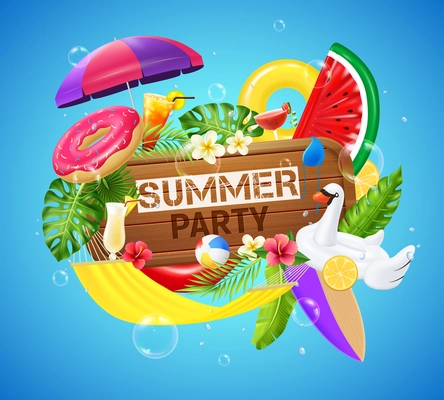 Tropical leisure composition with inflatable swimming objects yellow hammock flowers and cocktails blue background realistic vector illustration