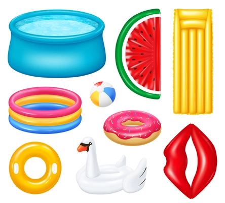 Set of realistic inflatable pools with colorful accessories for swimming isolated vector illustration